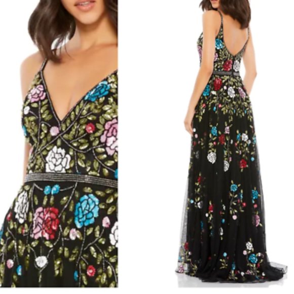 MAC DUGGAL FLORAL EMBELLISHED A-LINE BLACK MULTI COLOR GOWN sz 14 - Picture 3 of 8